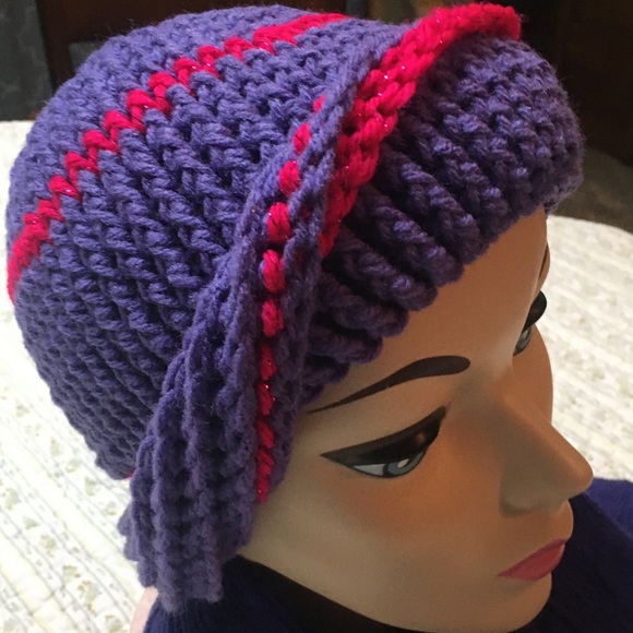 Handmade Victorian Cloche Look Crocheted Hat Purple and Fuchsia - Picture 2 of 11